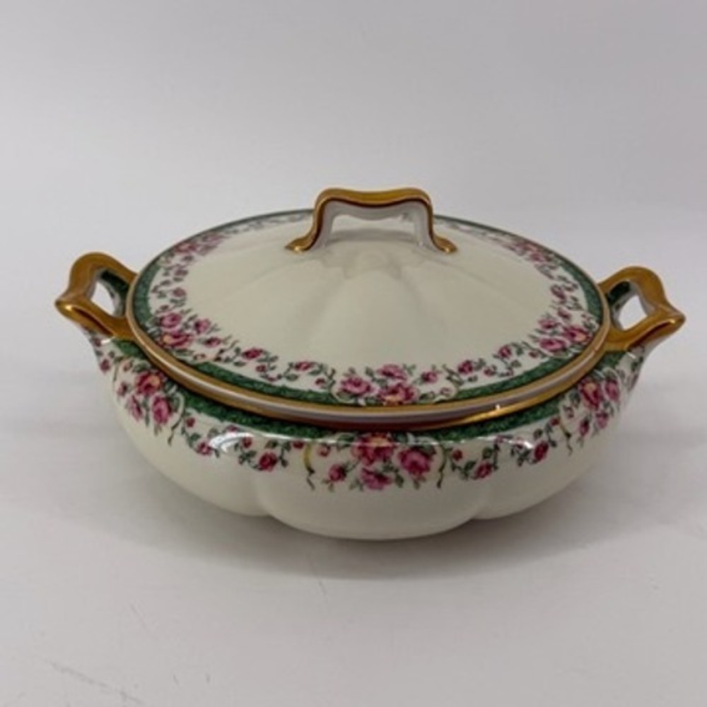 Haviland Limoges France Covered Vegetable Dish Pink Roses Green Gold 34520